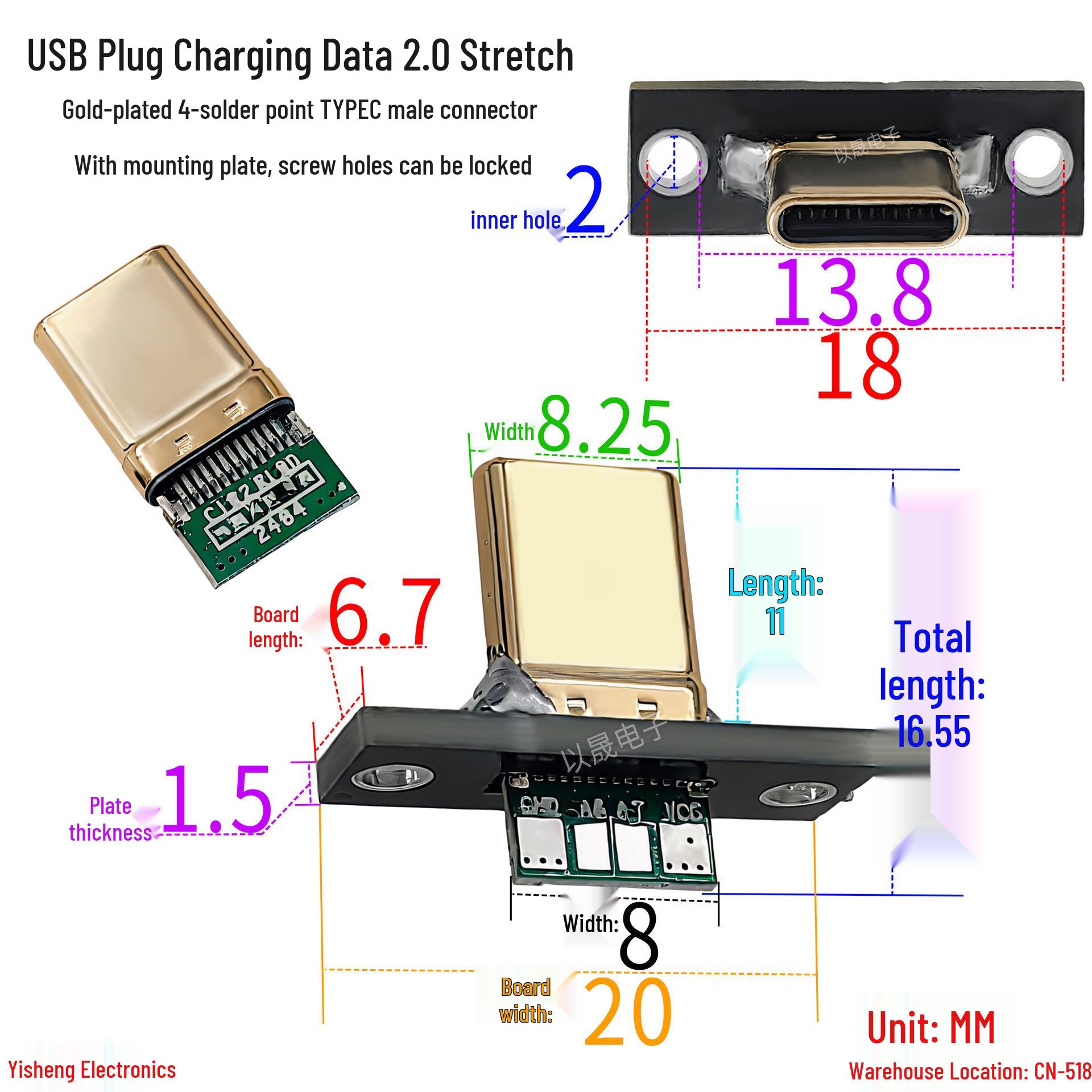 

Gold-Plated USB Type-C Male Connector with Lockable Mounting Plate and Stretchable Cable
