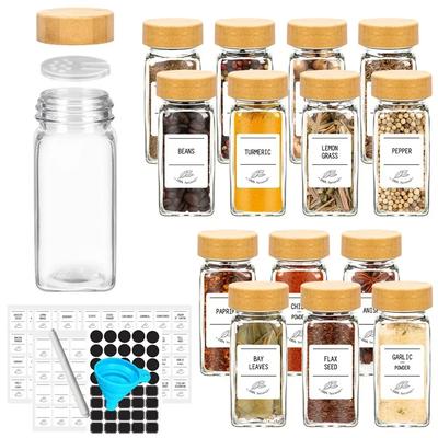 Glass Spice Jars with Bamboo Lid Collapsible Funnel Include with Minimalist Spice Labels Stickers Storage Bottles for Spice Rack