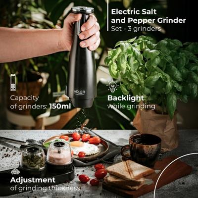 Ad 4449 Black Spice, Salt And Pepper Grinder - Set Of 3 Grinders - Usb