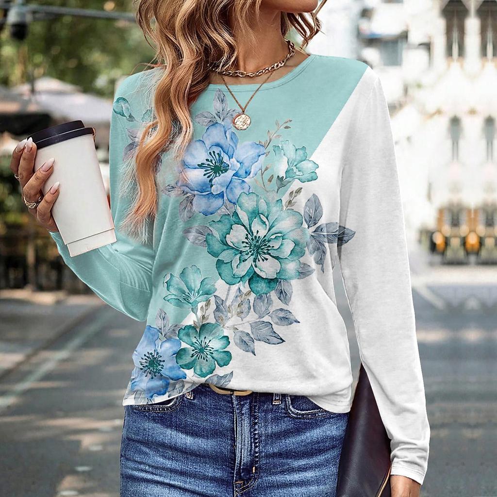 Spring and Autumn Round Neck 3D Color Block Floral Printed Top Fashionable Casual Long Sleeved Women's T-shirts