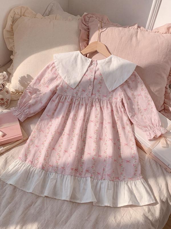 2026 Autumn Korean Style Girls' Floral Embroidery Dress with Doll Collar and Long Sleeves