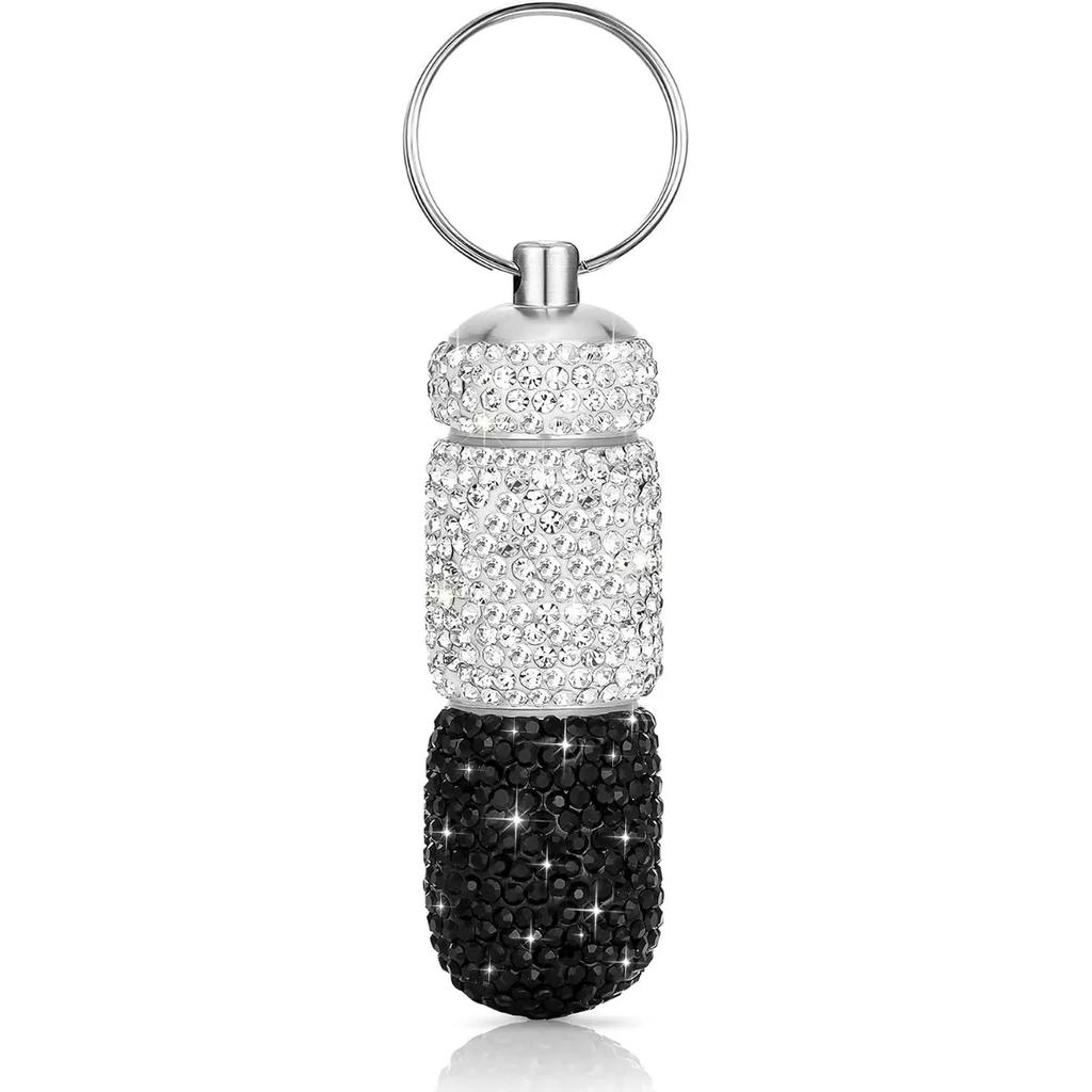 Bling Keychain Pill Box 2 Compartments Small Travel Pill Case Organizer Crystal Diamond Medicine Bottle Pill Bottle Keychain