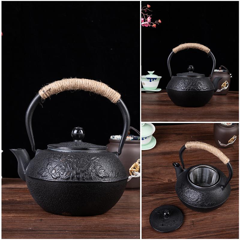 Cast Iron Boiling Teapot for Tea Brewing, Traditional Heating Water Kettle, Charcoal Stove Compatible, Rustic Black