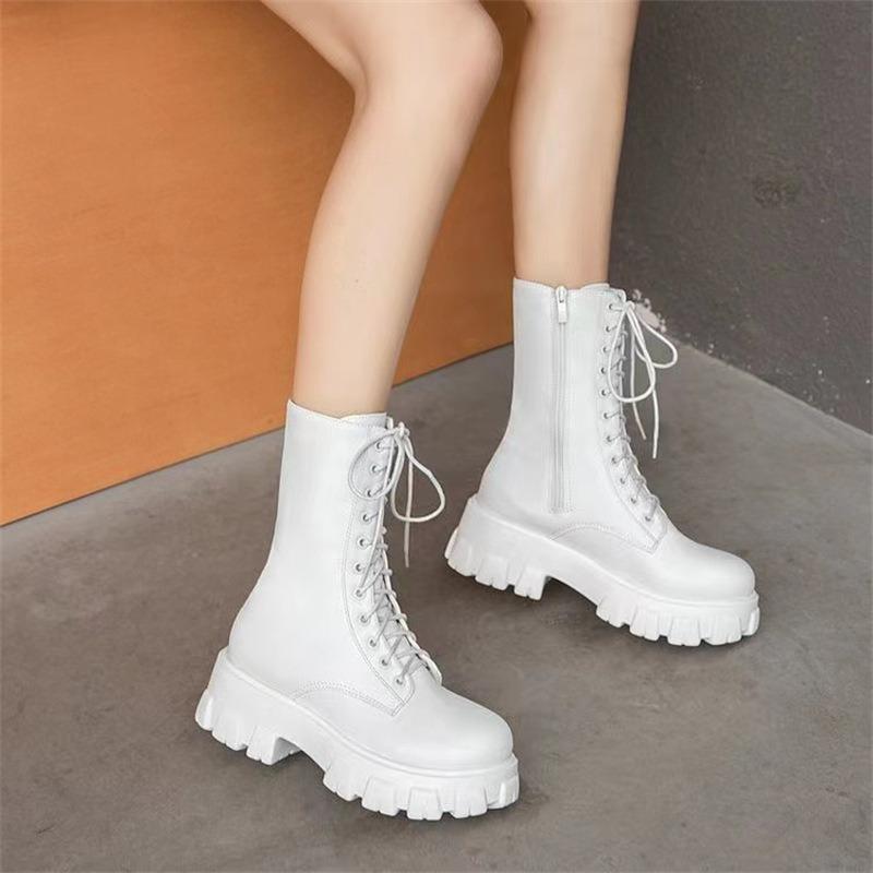 Fashion Women's Boots Fashion High-top Leather Boots Lace Up Platform Boot Side Zipper Ankle Boots for Women Motorcycle Boot Botas Mujer