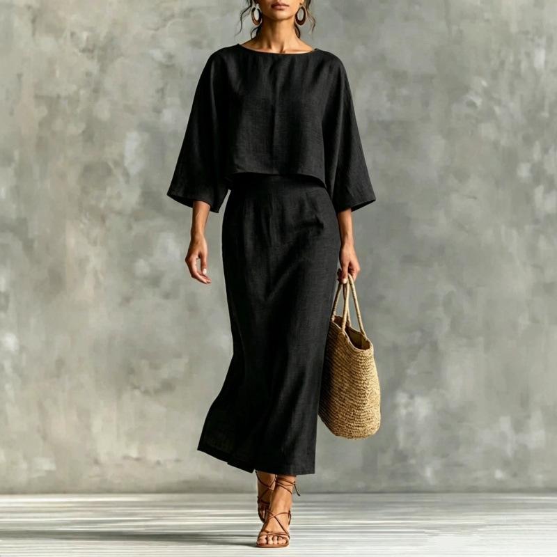 European and American Autumn New Elegant Women's High-waisted Midi Skirt Set, Round Neck Three-quarter Sleeve Loose Women's Top