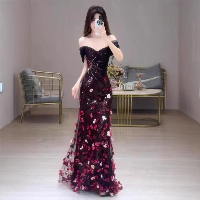 Shoulder Bride Engagement Toast Three-dimensional Flower Sequins Banquet Fishtail Dress Host Art Exam Evening Dress