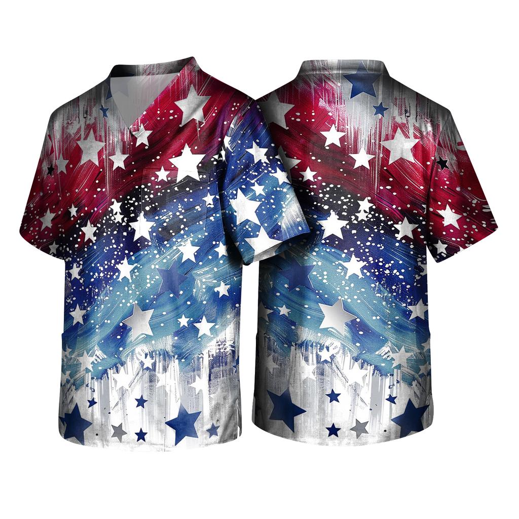 Men's Short Sleeve V-Neck  Print Chest Pocket Care Top