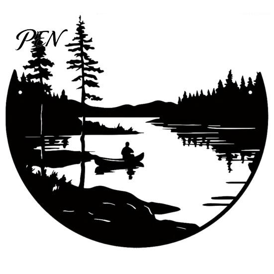 Decorative Accents for Home Round Nature Scene Iron Wall Art, Forest Lake Boating Metal Decor, Durable Garden Sculptures Rustic Background Hanging