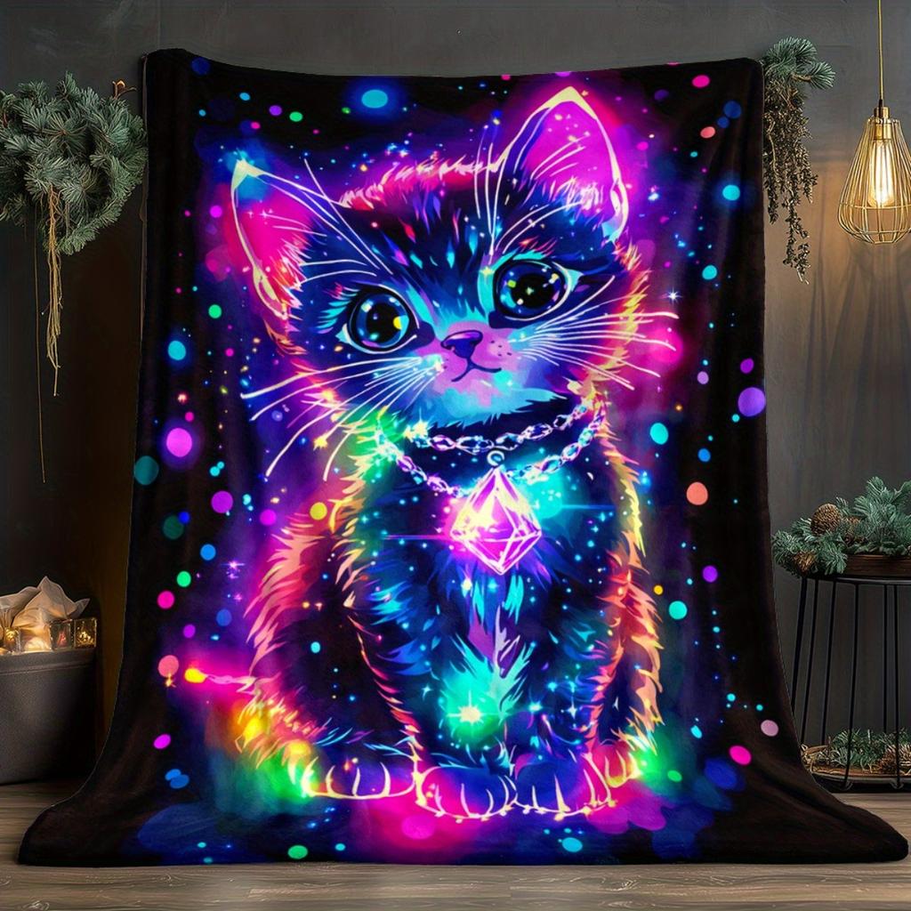 1pc Neon - Lit Cat with Colorful Background Used for Sofa, Bedroom, Living Room, Bed, Couch, Chair Soft and Warm Blanket-Lightweight Flannel