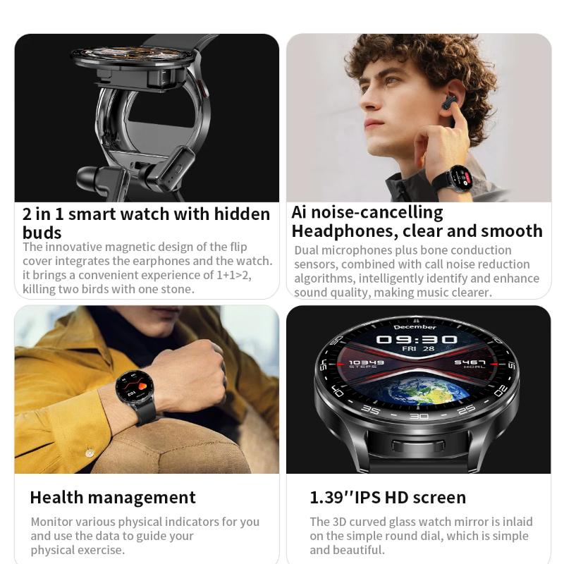 2025 New Smart Watch TWS 2-in-1 Bluetooth Earphones with Built-in Speaker HIFI 9D Sound Quality Health Monitor Watch for Android IOS