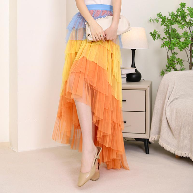 Qooth Fustă lungă din plasă cu tort pufos în gradient, vintage, cu talie elastică, rochie de bal din tifon tul pentru vară QT2222