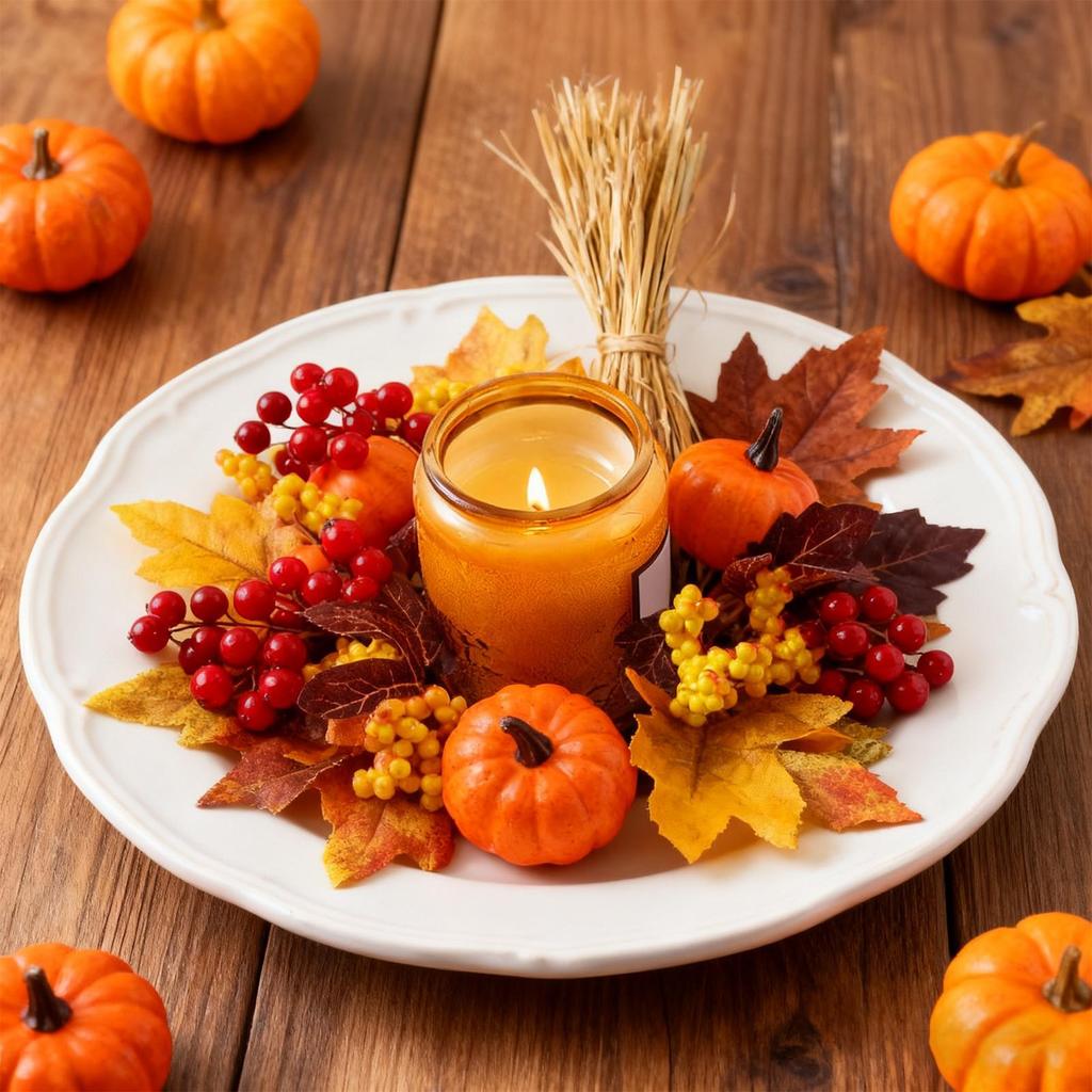 Candle Ring Artificial Wreath Decorative Ornament Rustic Maple Leaves Fall Wreath for Party Living Room Festival Table Farmhouse