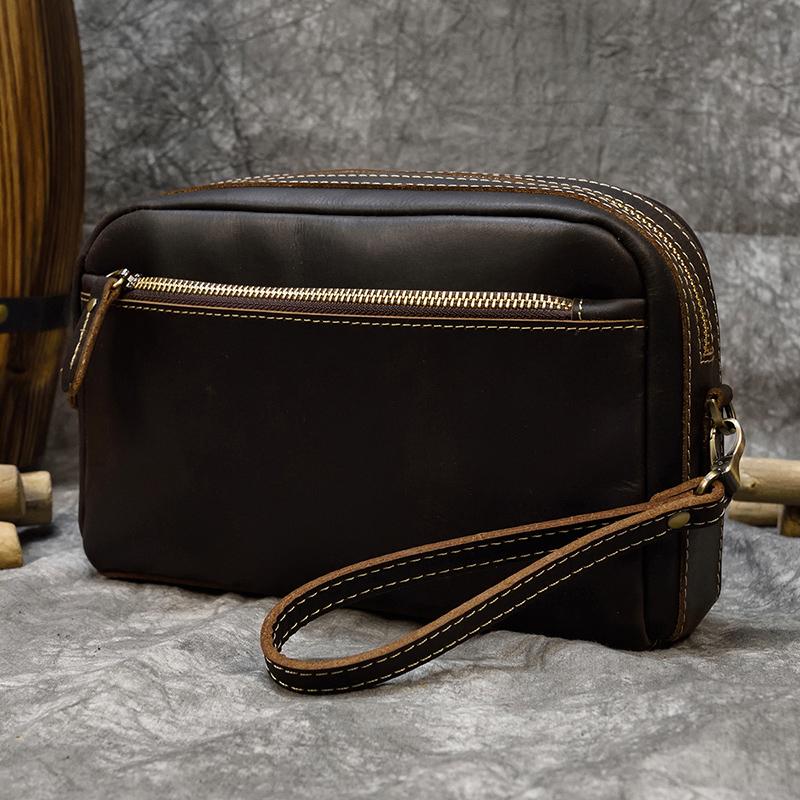 

Genuine Leather Clutch Bag Of Men Male Long Hand Bag Crazy Horse Leather Day Clutches For 6 Cell Phone With Wrist Belt