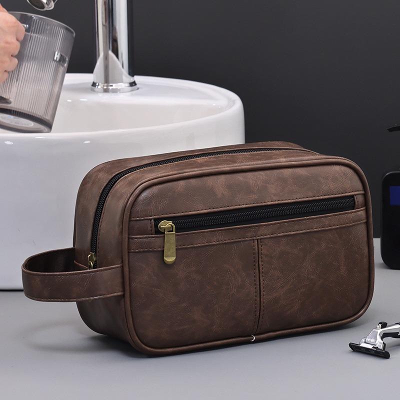 Pánská kožená taška na praní Cestování Služební cesty Přenosná kosmetická taška Velkokapacitní vícekapsový design Ruční kožená taška na praní
