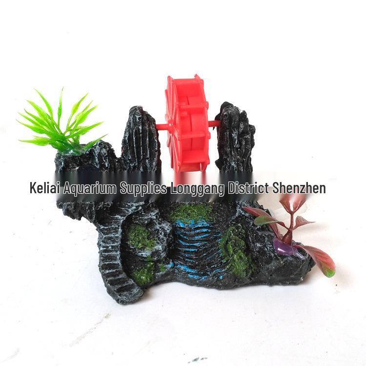 Aquarium Windmill Rockery: Rotatable Resin Stone Decoration for Fish Tanks. Connects to Air Pump.