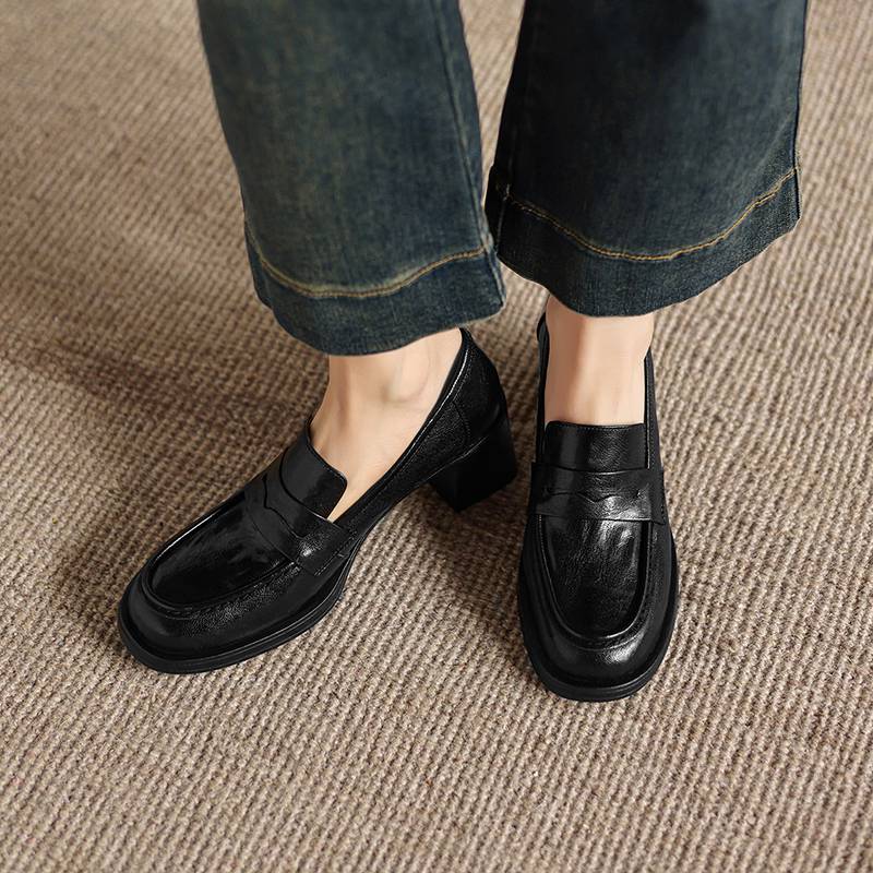Krazing Pot Sheepskin Round Toe Thick Med Heels Spring Shoes Slip On Big Size 42 Loafers Women Platform Pumps