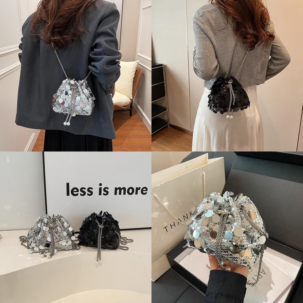 Crossbody Chain Sequin Bag Pu Material Bucket Bag For Girl Casual Use Day
