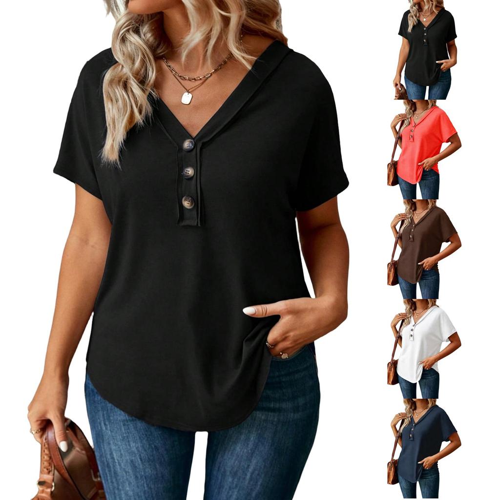 Women's Casual V-Neck Short Sleeve Blouse with Three Buttons Color for Everyday Wear
