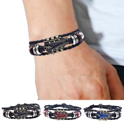 Braided Guitar Bracelet Zinc Alloy Adjustable Buckle Manual Woven Faux Leather 3-layered Punk Retro Wrist Jewelry