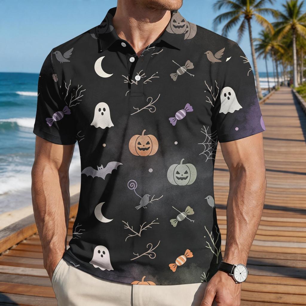 Men Halloween Print Casual Short Sleeve Shirt with Pumpkin Bat and Leaf Patterns Lightweight Button Down Top