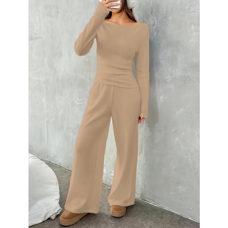 Women S French Style Slim Fit Long Sleeve Top And Wide Leg Pants Set