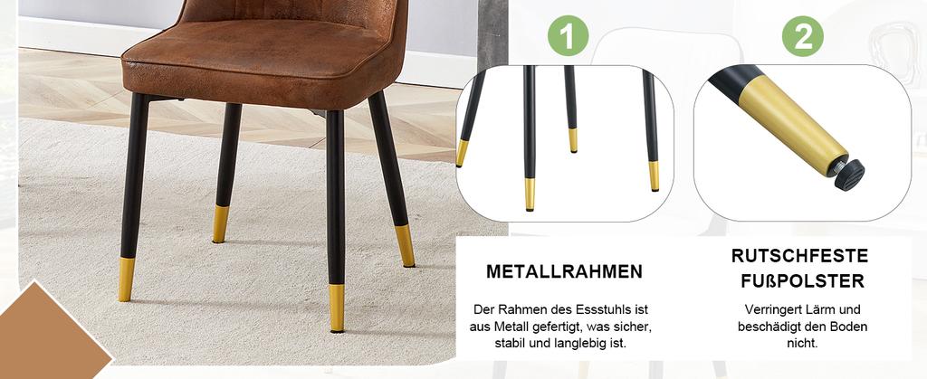 Set of 2 Modern Brown Dining Chairs, Tech-Fabric Backrest, Black Metal Legs