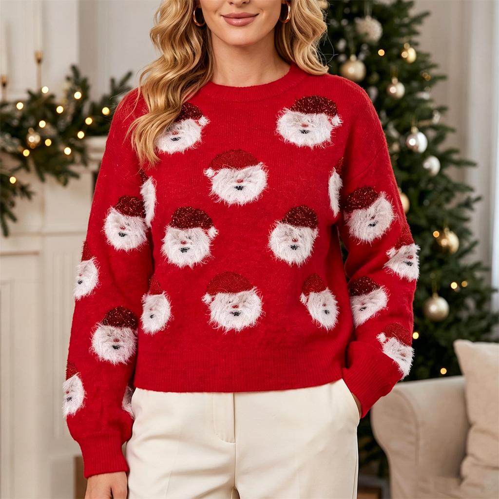 Women's Color Crewneck Cute Knit Pullover Top for Christmas Party