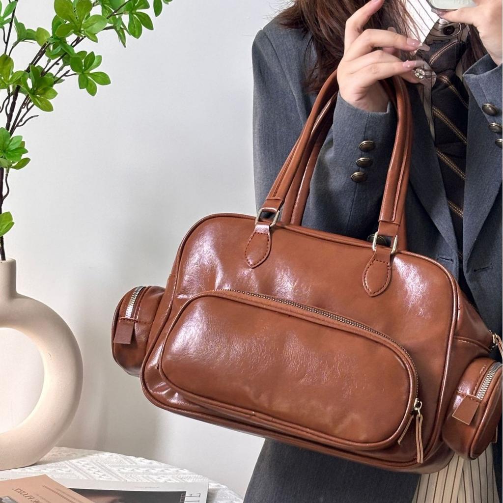 Single Shoulder Retro Brown Bowling Bag Autumn Winter New Versatile Casual Large Bag Commuting Simple Multi-Pocket Handbag