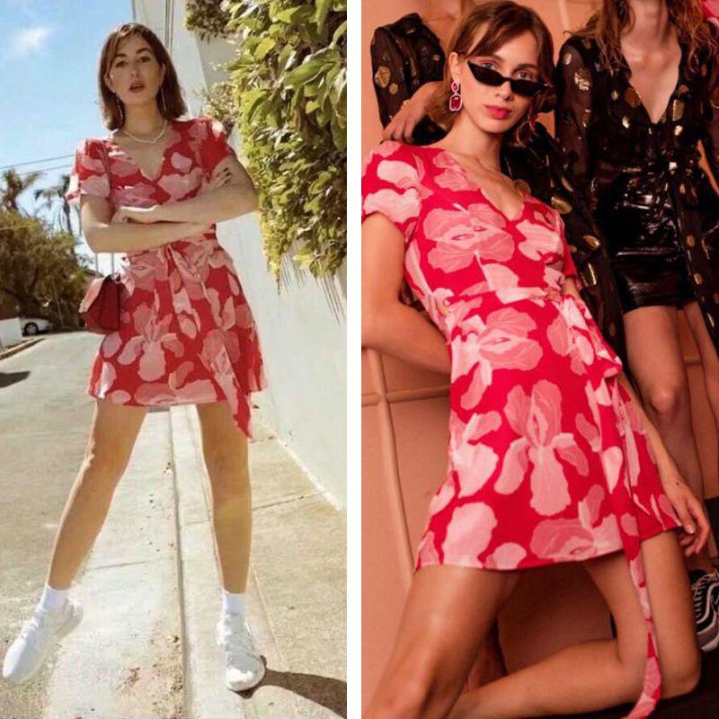 Chiffon Print Dress Fashion European and American Style Model Street Shooting Women's Summer Silm V-neck Belt Short Sleeve Red Flower Skirt