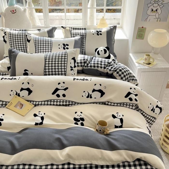 small fresh pure cotton abraded four-piece set, skin-friendly bed sheet washed cotton quilt cover, dormitory three-piece set