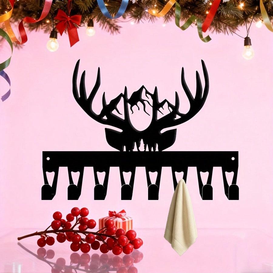 Vintage Iron Deer Head Wall Hook Coat Rack with 8 Hooks for Entryway