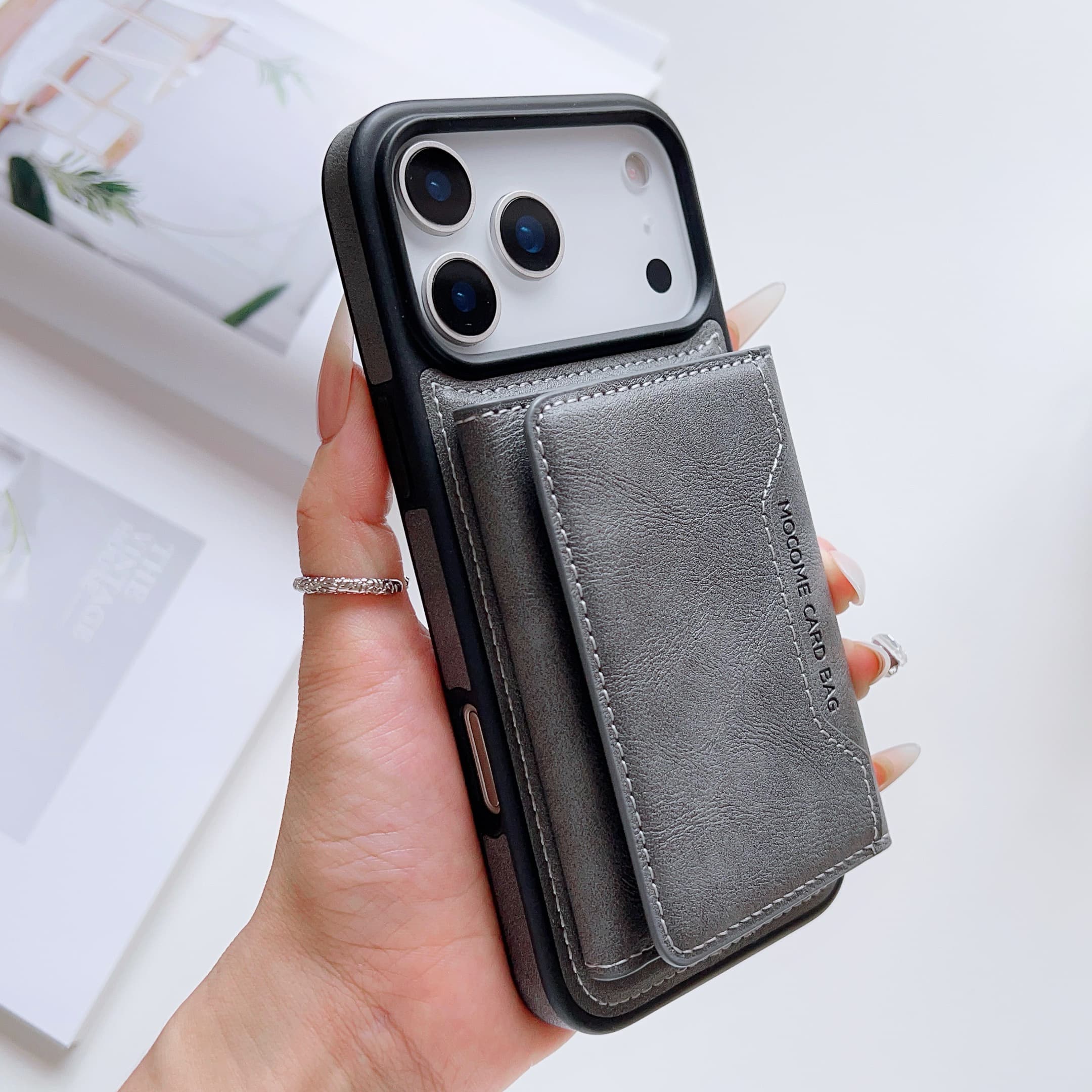 

Pu Leather Phone Case for iPhone 16 Pro Max 16e 17 Air 15 Plus 14 13 Promax 12 11 Detachable Card Bag Magnetic Charging Cover iPhone Air серый