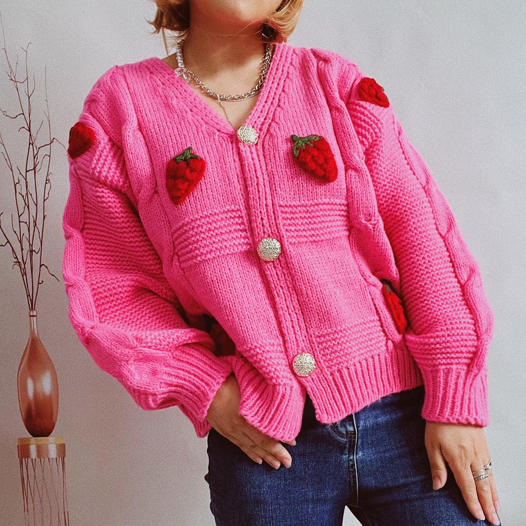 Casual Loose Strawberry Embroidery Thick Fried Dough Twists Single Breasted Knitting Sweater Coat Cardigan Women 3590 KTB