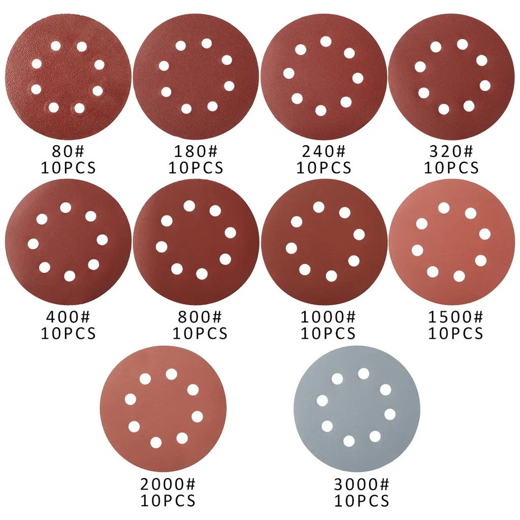 100Pcs Sanding Discs 5 Inch 8-Hole Alumina Sanding Pad Sanding Sheet Polishing Sand Paper for Metal Wood Glass Car Abrasive Tool