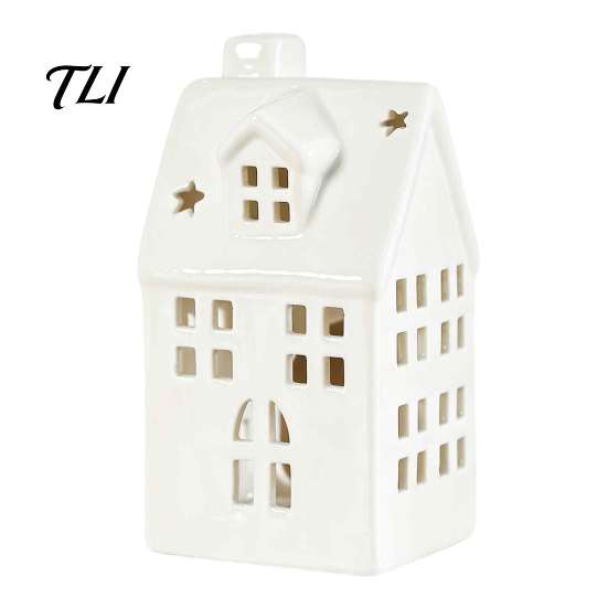 Desktop Artistic Ornament Ceramic House Shape Candle Holder, White Hollow Tea Light Holder Indoor Tabletop Holiday Decor Ornament, Miniature Figurine