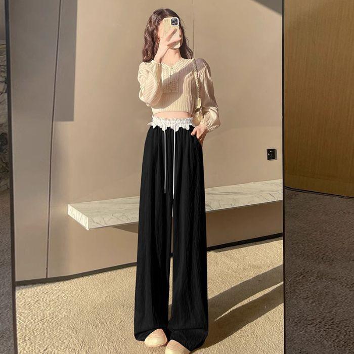 2025 Spring French High-Waist Lace Wide-Leg Casual Floor-Length Pants