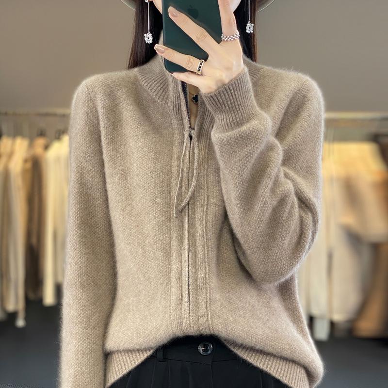 Women's Wool Double Zipper High Collar Cardigan - Long Sleeve, Loose Fit, Solid Color.