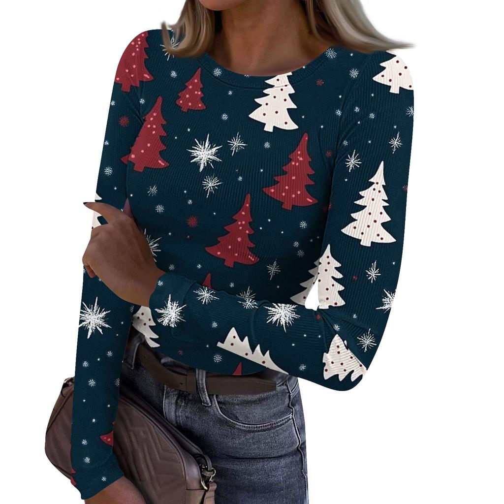 Γυναικείο Μοντέρνο Μπλουζάκι Βασικής Στρώσης Στενής Γραμμής με Στρογγυλή Λαιμόκοψη και Χριστουγεννιάτικη Εκτύπωση, Μακρυμάνικο Τοπ
