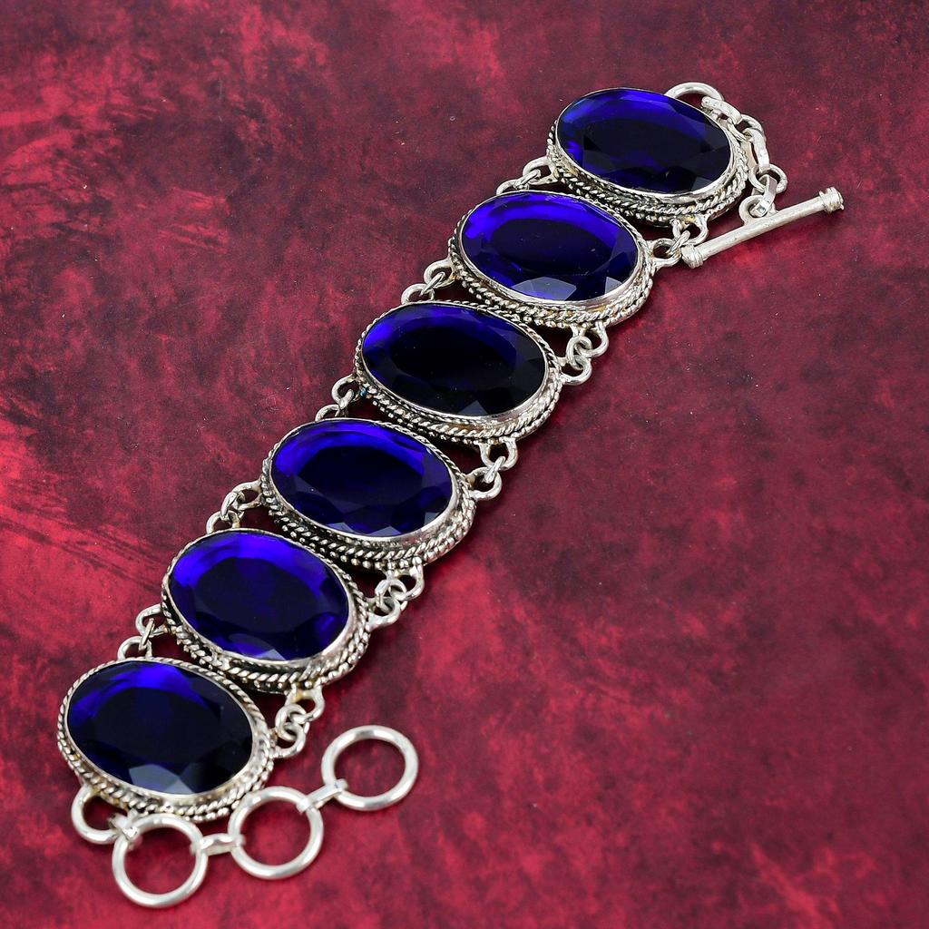 Blue Sapphire Lab-Created 925 Solid Sterling Silver Jewelry Bracelet, Beauteous Gemstone Jewelry, Handmade Sapphire Bracelet For Women