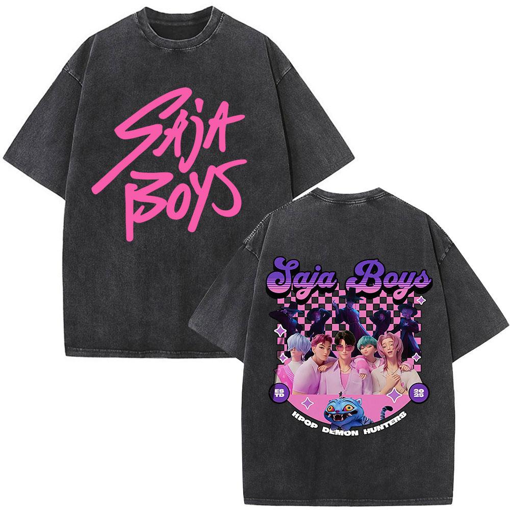 KPop Demon Hunters Vintage Washed T-shirts Rumi Mira Zoey Cartoon T-shirt Men Women Casual TShirt O-collar Halloween Tee