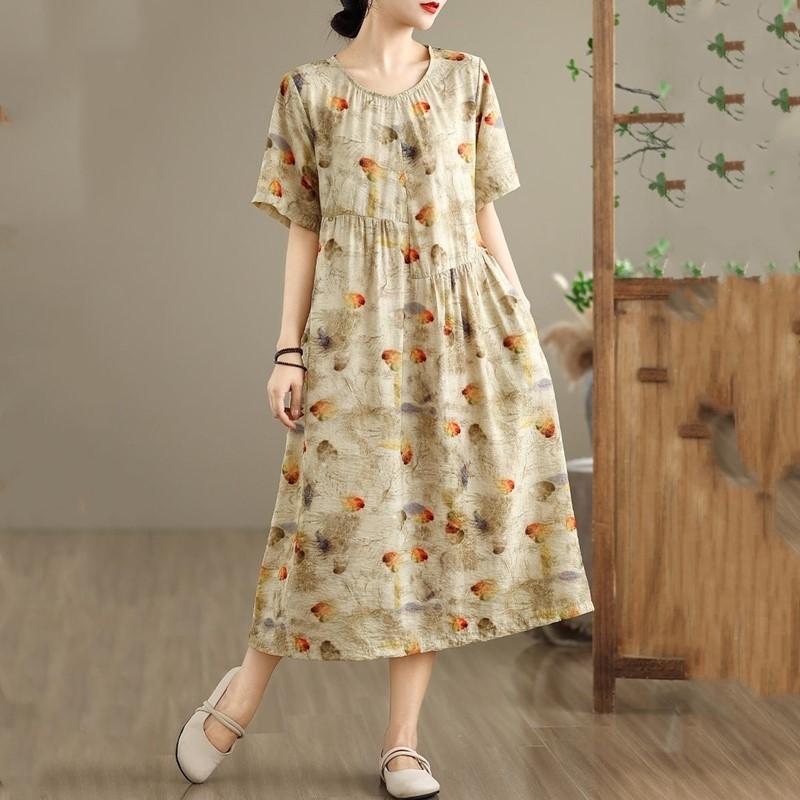 Krátký rukáv Velké bavlněné vintage květinové nové šaty pro ženy ležérní volné dlouhé letní šaty