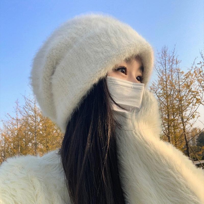 Face little rabbit hair hat women's winter warm wool hat big head circumference temperament white plush knitted ear protector cold hat