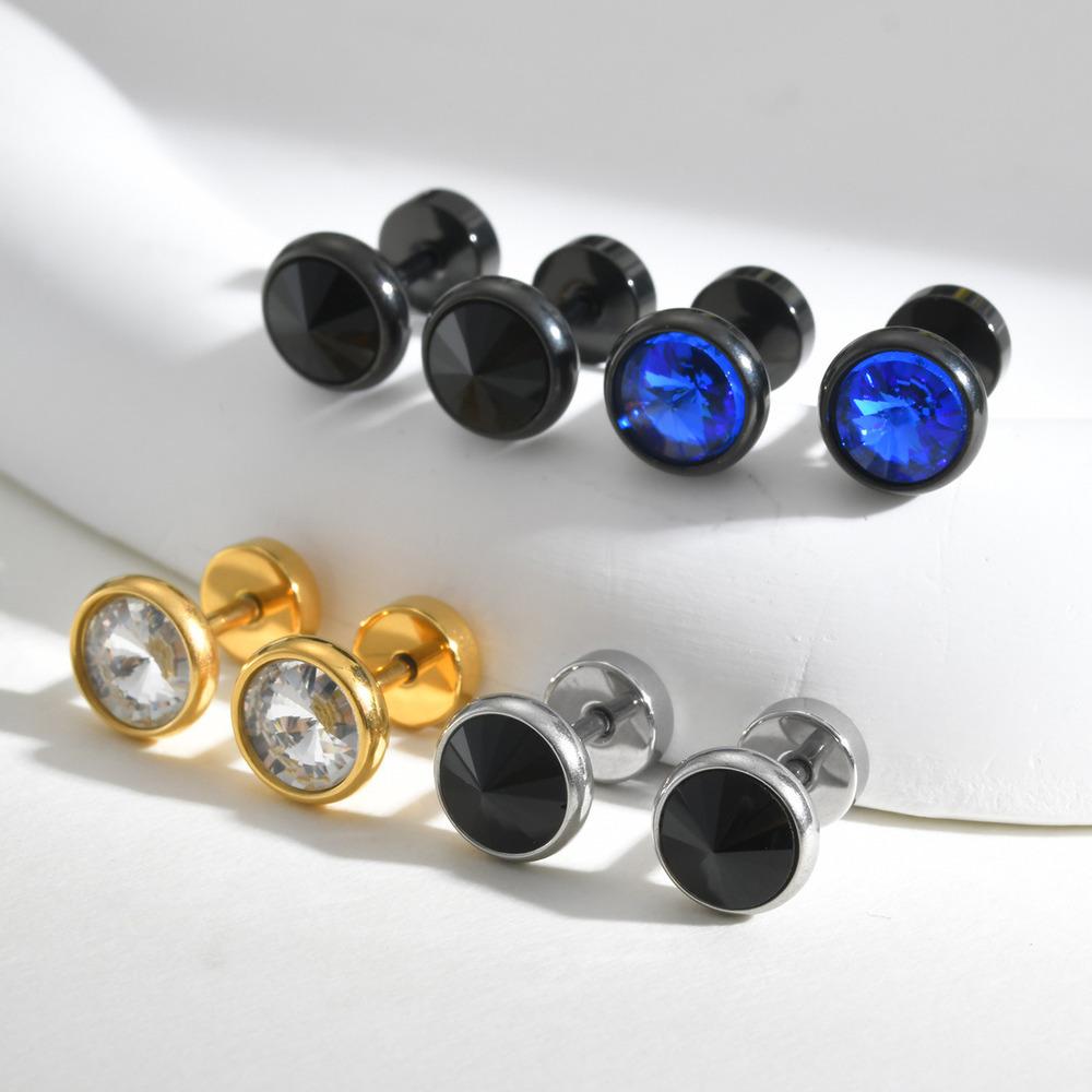 Vnox Multi-faced Cut Zircon Stone Earrings for Men Boys, Screw Back Stud Barbell Shaped Earrings,Black Stainless Steel Jewelry