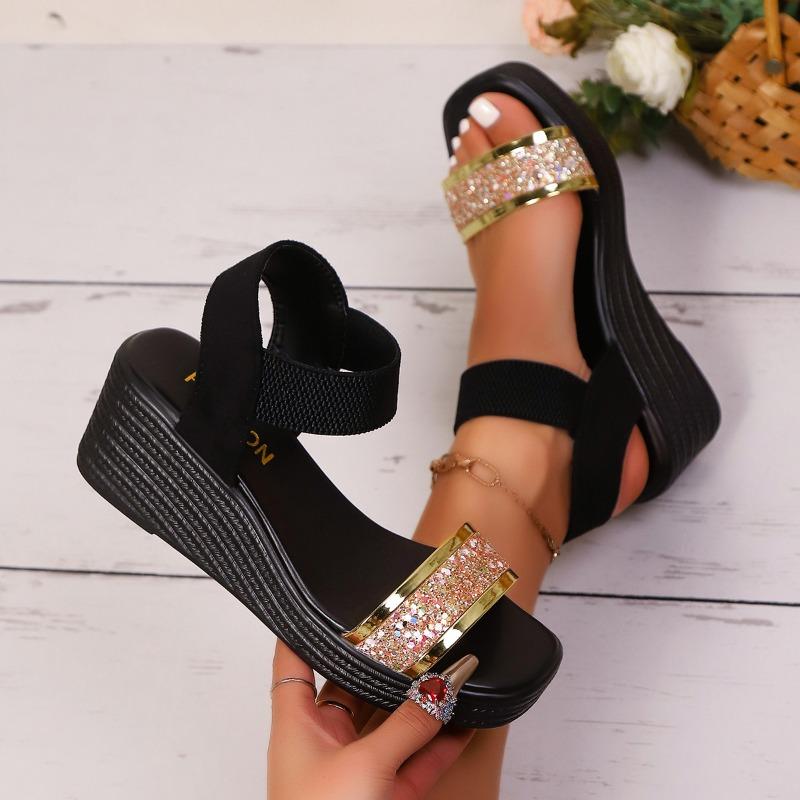 Damen Elastische Riemen Keilabsatz Plateau Römersandalen