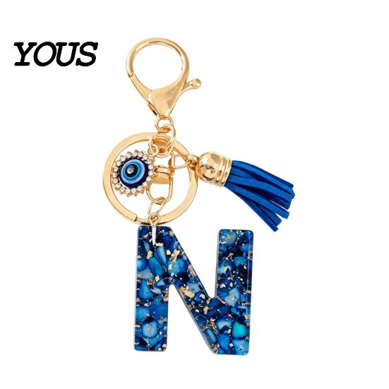 Blue Series Keychain Pendant Pendant, Initial Letter Charm Key Chain with Eyes Portable Organizer Tassel Design, A-Z Holder for Bags Backpacks