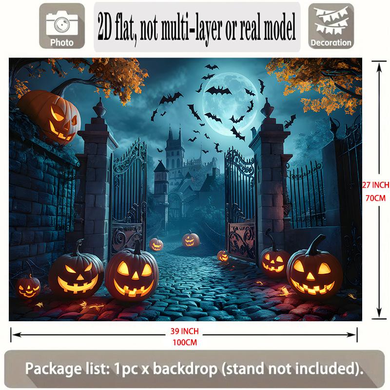 One full moon and bat cemetery scene banner - 2D flat polyester Halloween decoration home party backdrop fabric.PMJ