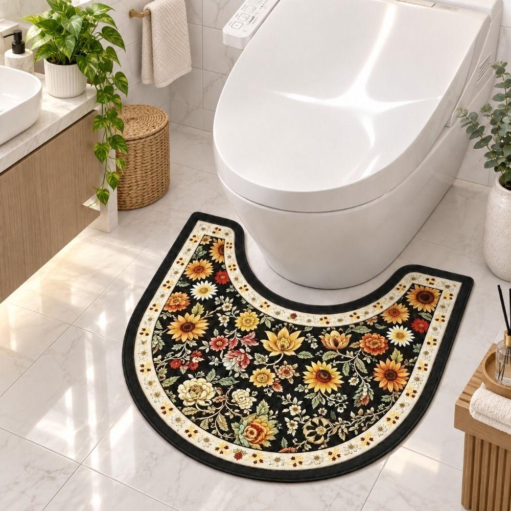 Floral Pattern Toilet U-shaped Mat Absorbent Bath Mat Practical Bathroom Floor Rug Household