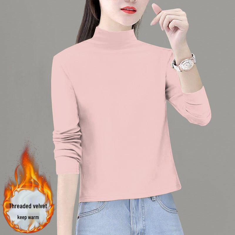 2025 Women's Thickened Double-Sided Velvet Long-Sleeve Semi-High Neck Slim-Fit Top for Autumn/Winter