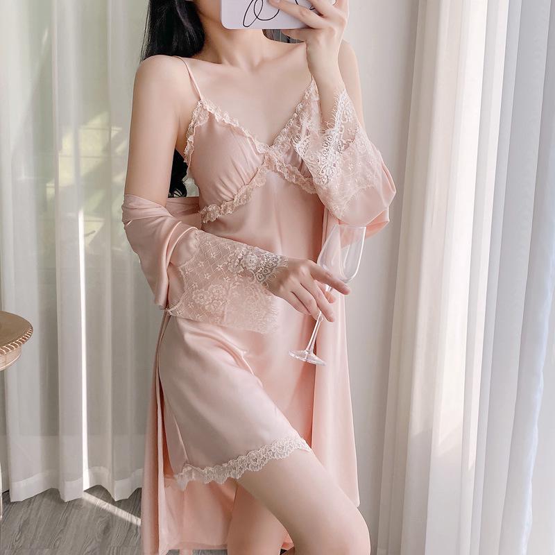 Women's Spaghetti Strap Ice Silk Pajamas with Lace Trim - Spring/Summer Nightgown & Robe Set