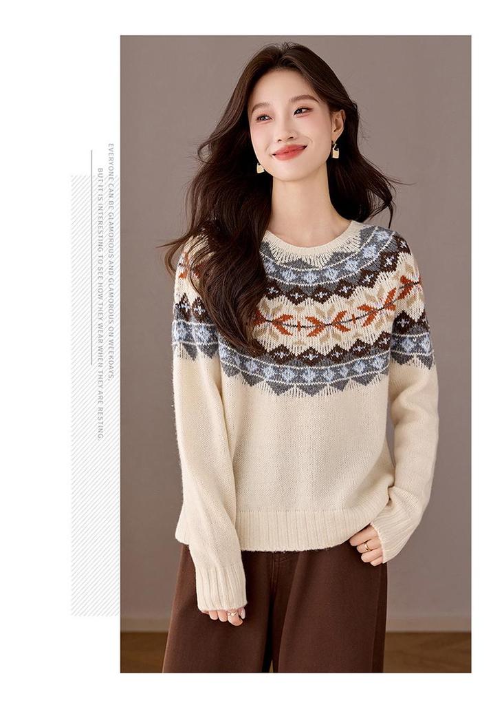 Women's Autumn/Winter Pure Wool Jacquard Knit Pullover Sweater